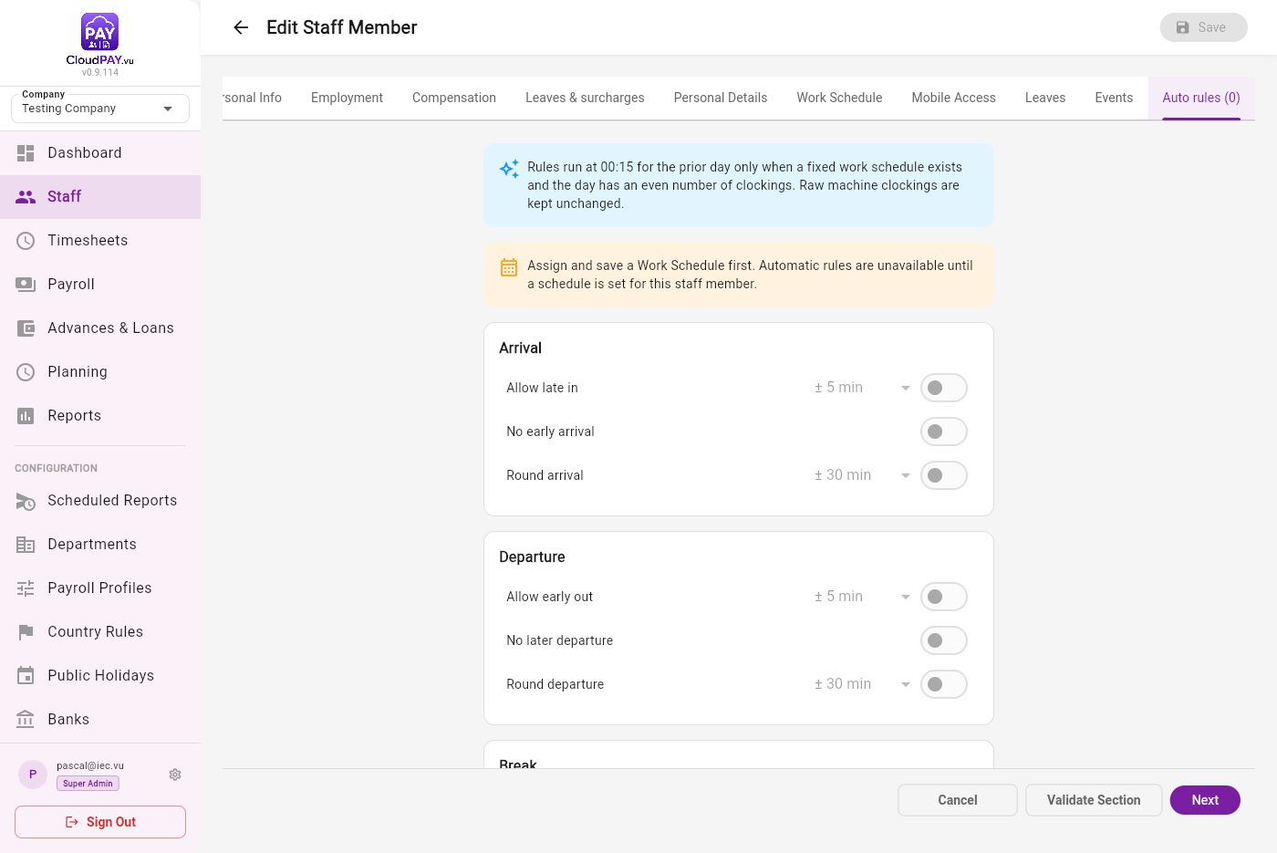 Auto Rules tab showing the Work Schedule prerequisite