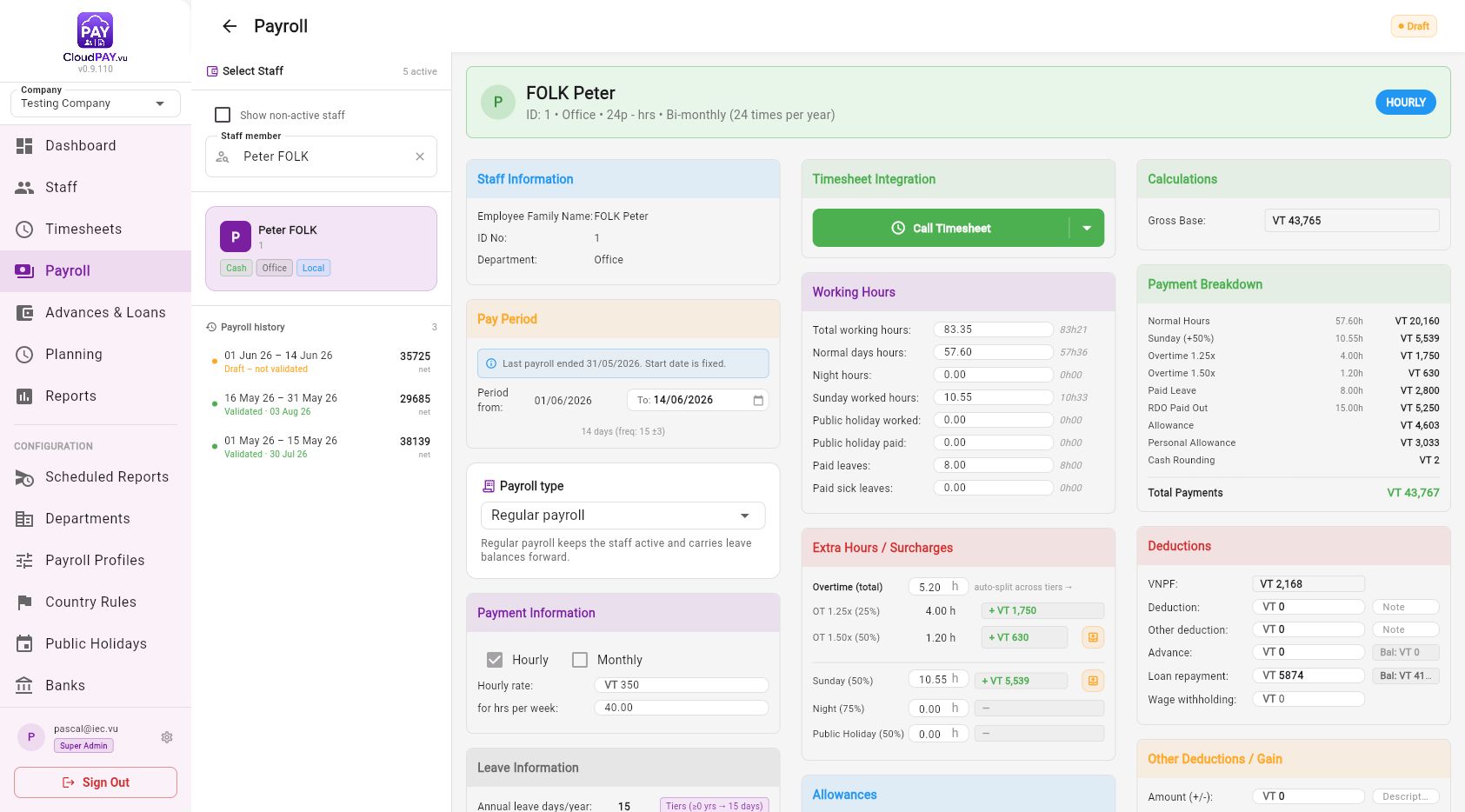 Hourly payroll draft showing leave, allowances, deductions and RDO