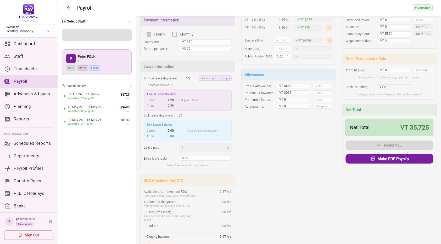 Hourly payroll after validation