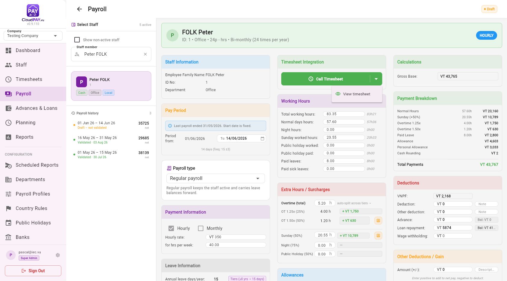 Hourly payroll with Call Timesheet menu open
