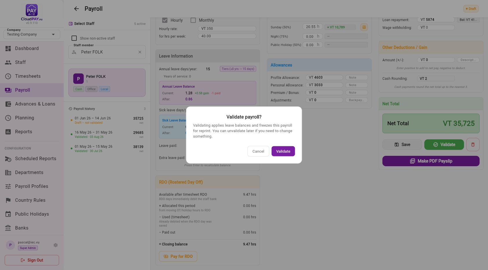 Hourly payroll validation confirmation