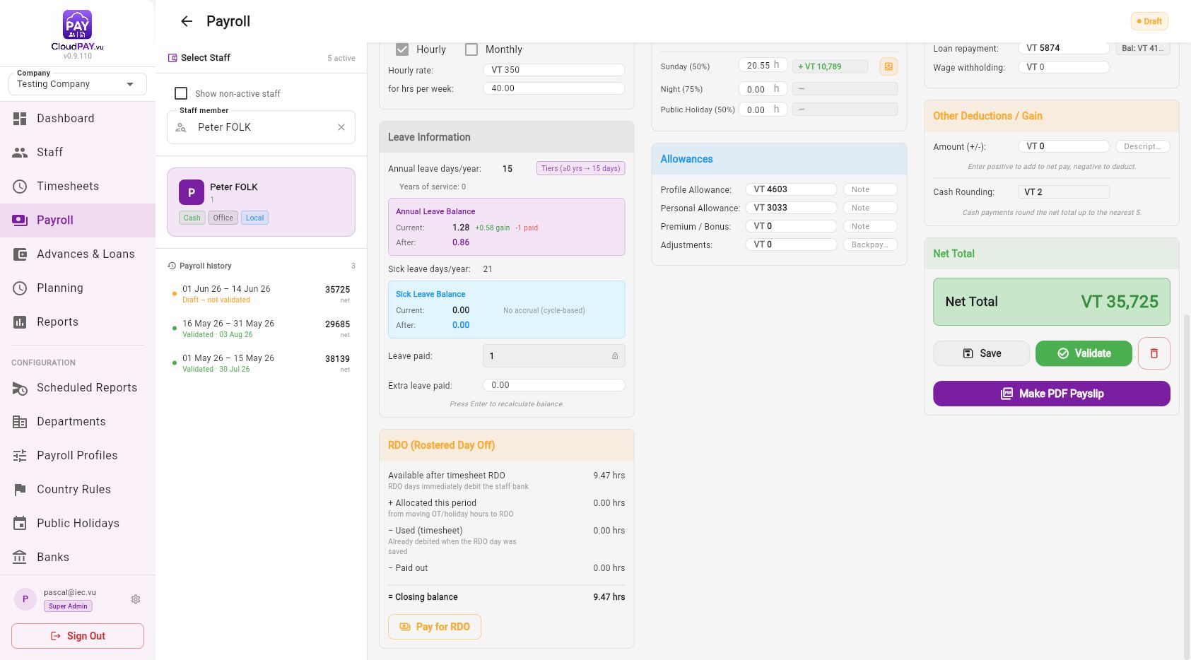 Hourly payroll detail with working hours, overtime, allowances, leave and RDO