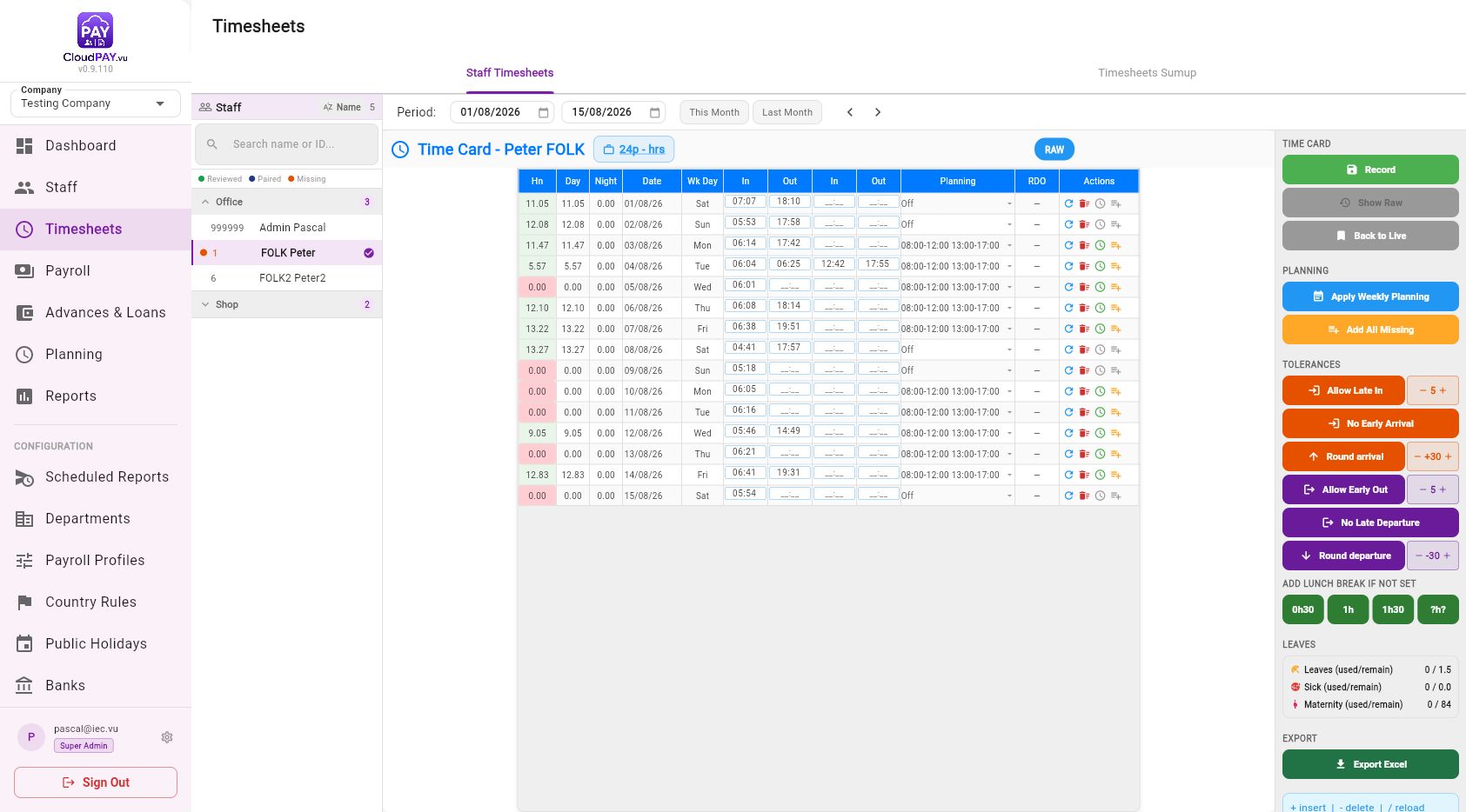 Raw timesheet view for staff ID 1