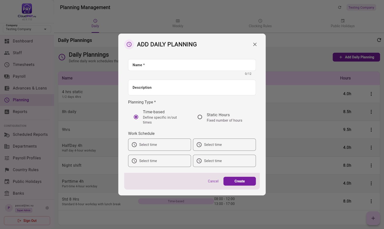 CloudPay add daily schedule form