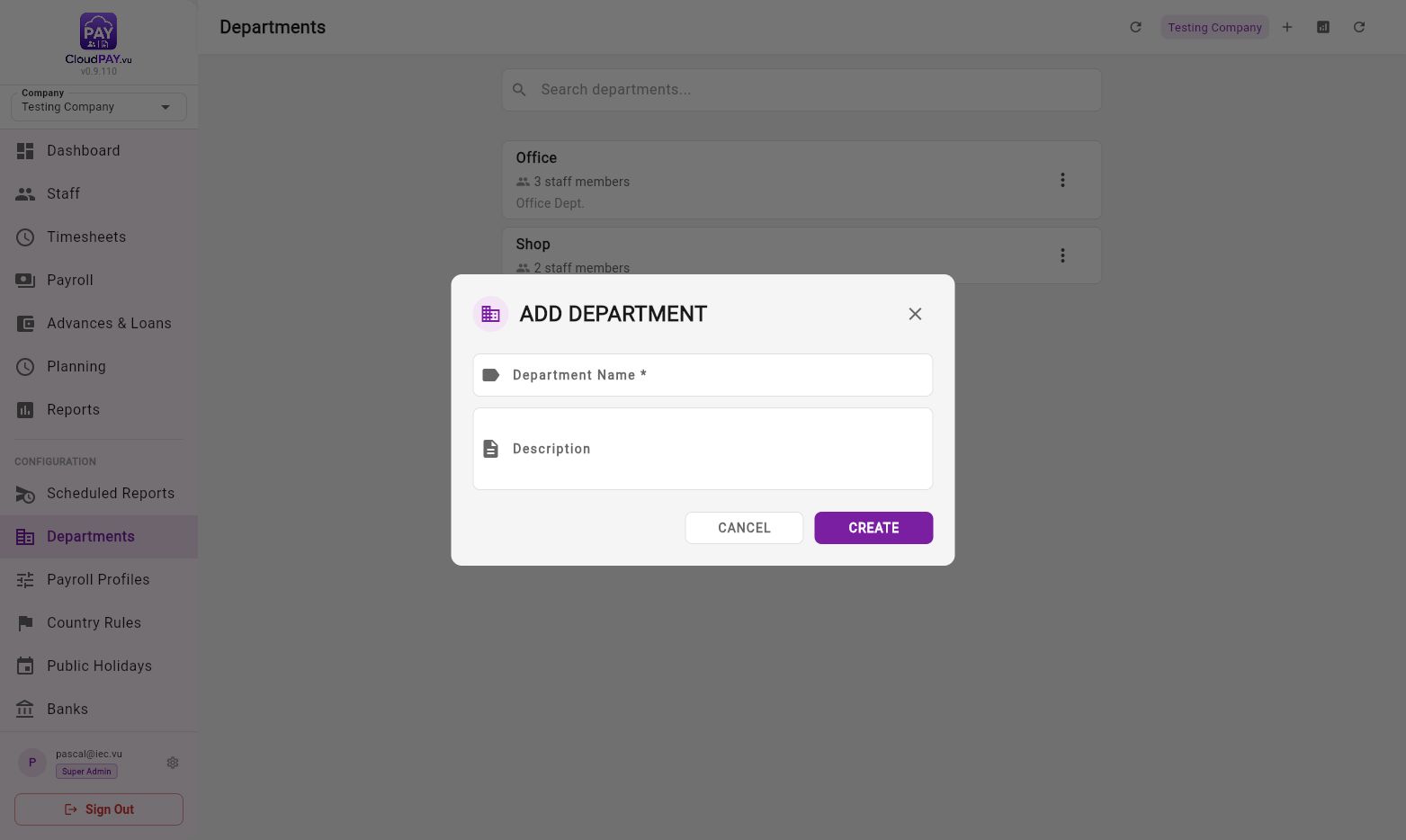 CloudPay add department form