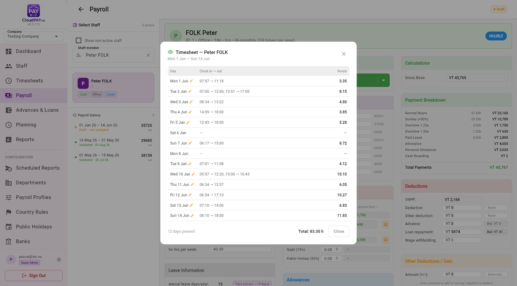 CloudPay hourly timesheet preview
