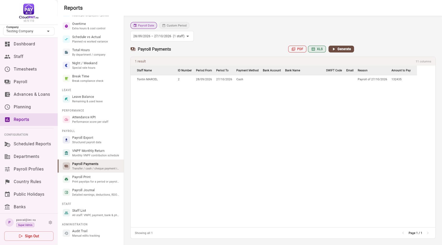 CloudPay payroll payments report