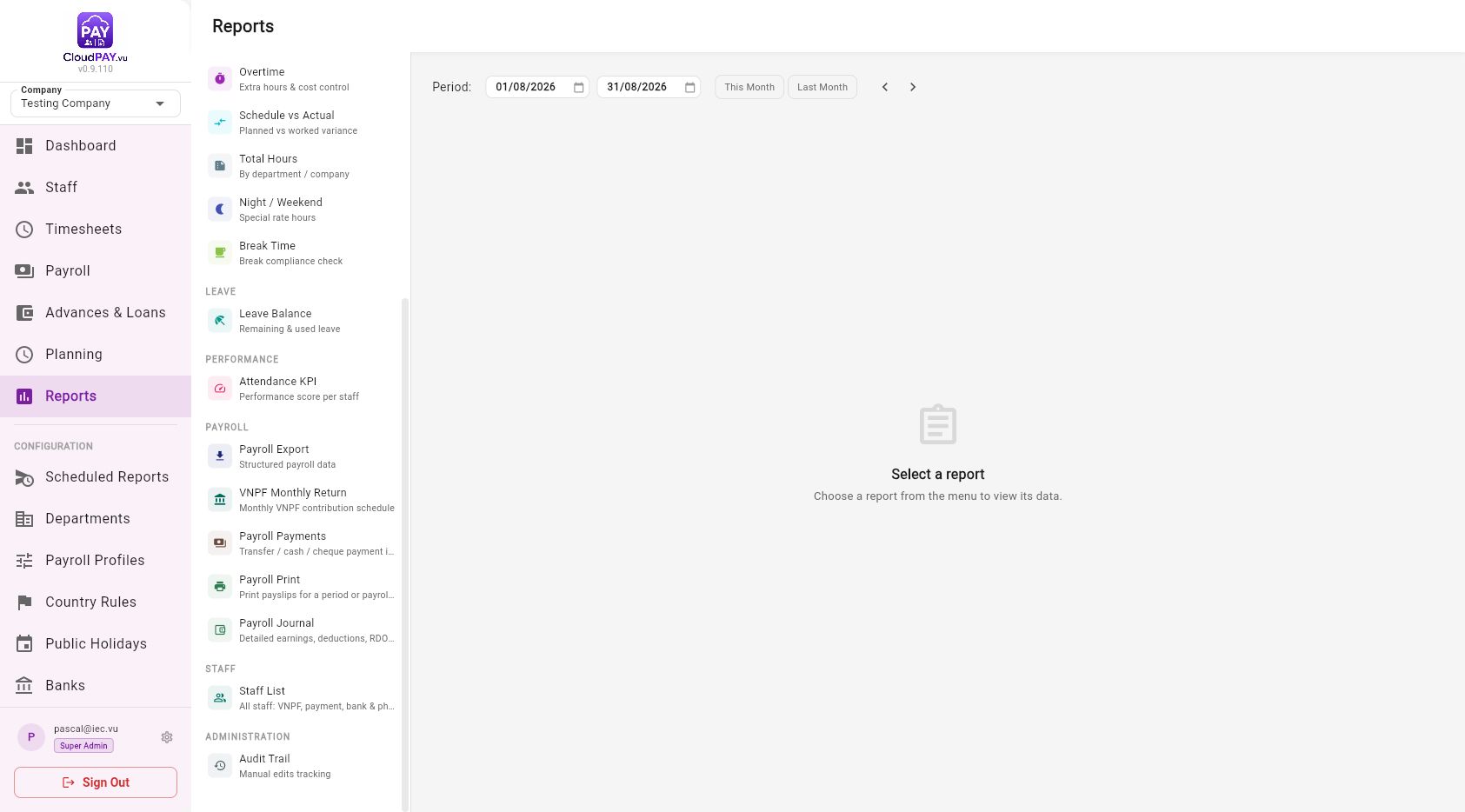 CloudPay payroll report menu
