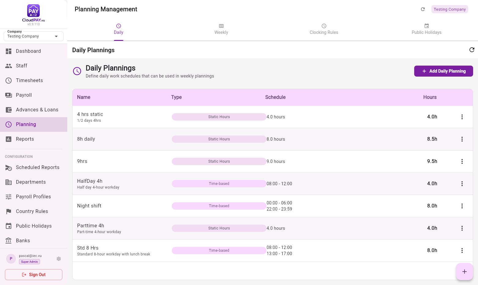 CloudPay planning screen