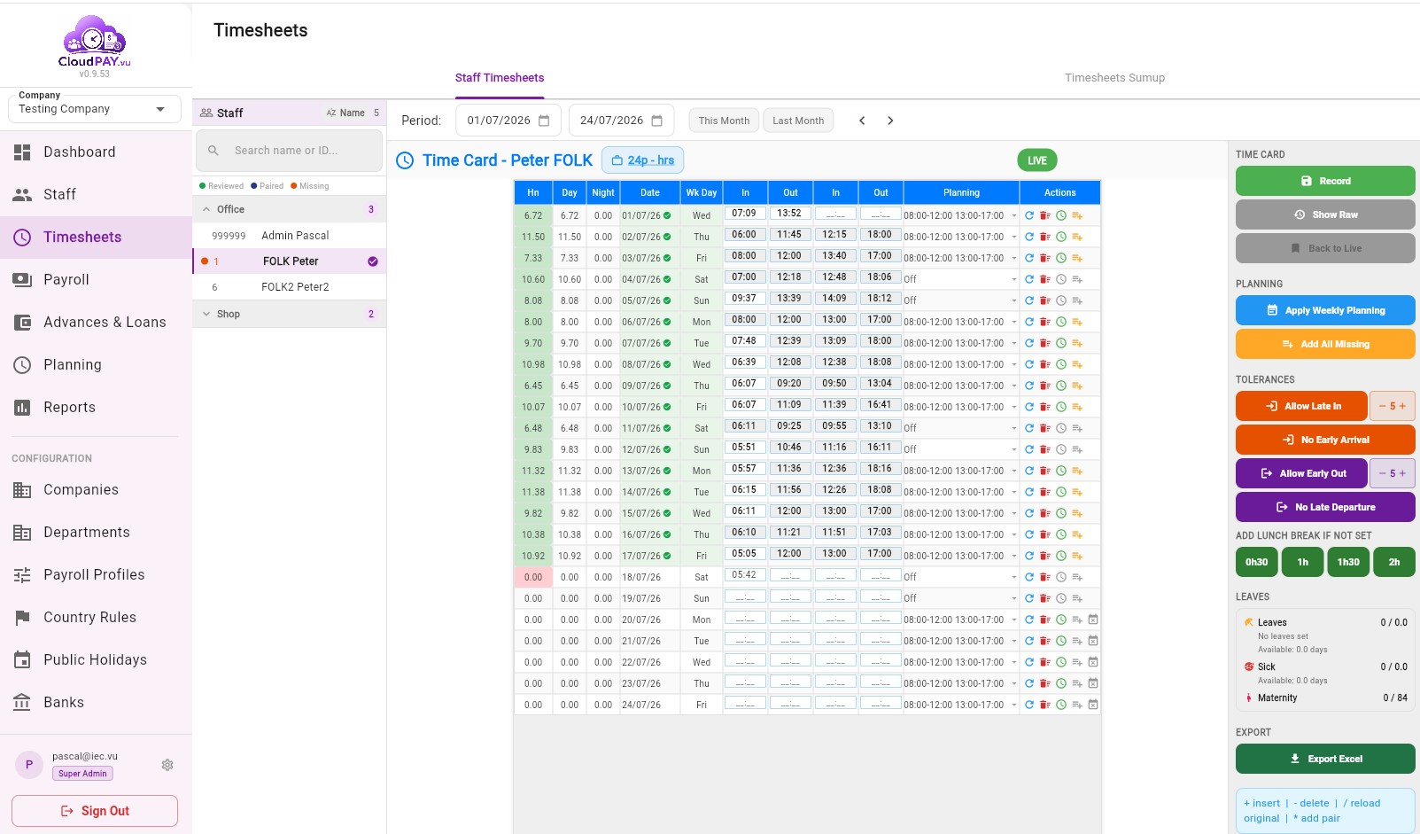CloudPay timesheet screen showing staff, time card, planning and payroll controls